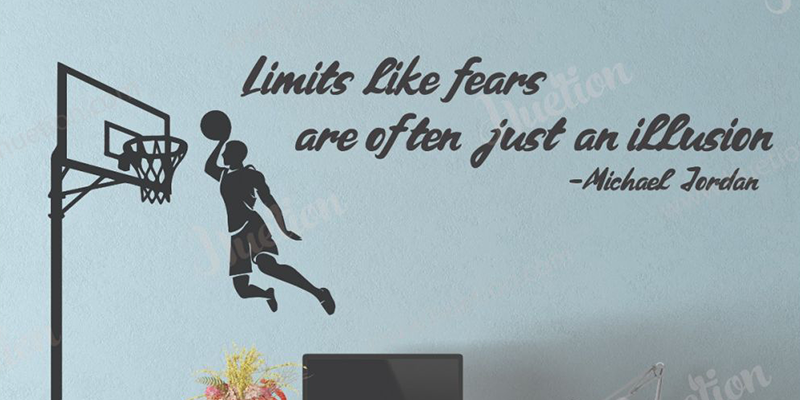 Boys room wall decal featuring a basketball player dunking with the quote, "Limits like fears are often just an illusion."