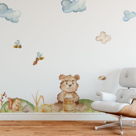 Bear with honey and honey bee animal wall sticker for children | Huetion