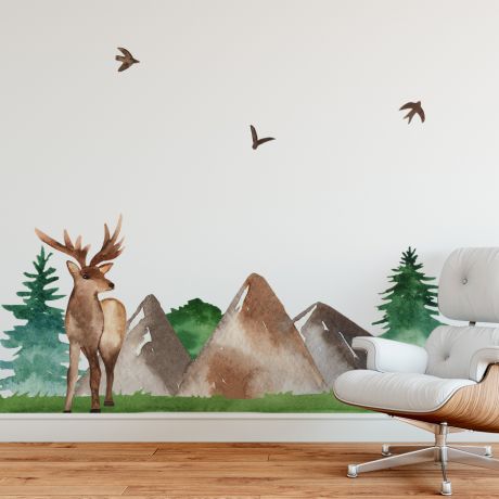 Deer in mountains and trees sticker | Huetion