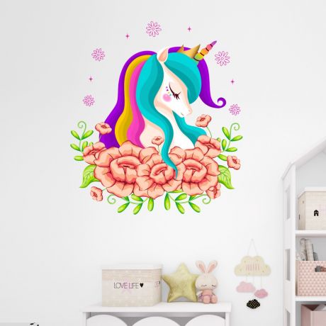 Floral unicorn wall sticker wall decal stickers fantasy girls bedroom wall art cute nursery | Huetion