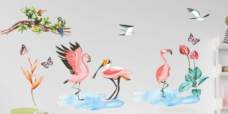 Tropical leaves flamingo wall stickers macaw vinyl wall stickers tropical birds decal for kids room | Huetion