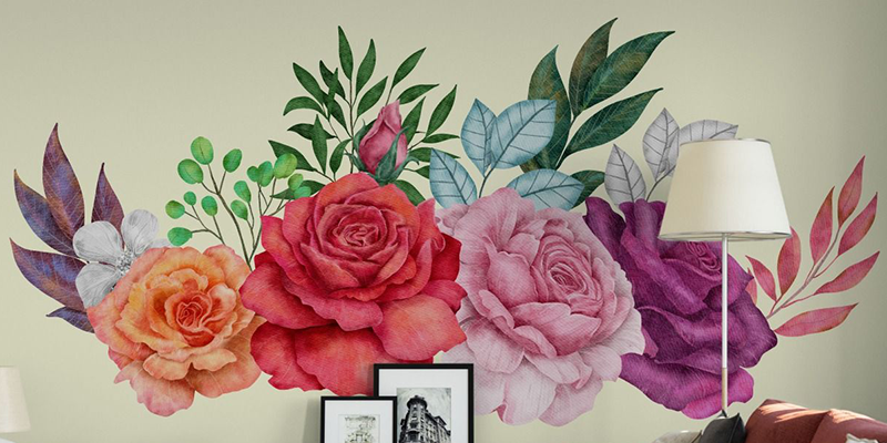 rose wall sticker floral design wall stickers kids wall decals roses with leaves | Huetion