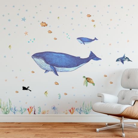 A blue whale and the diver fabric wall sticker | Huetion