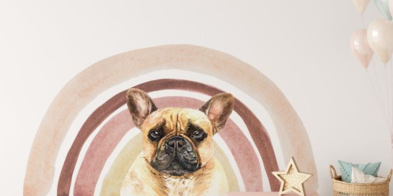 French bulldog wall sticker with a pastel rainbow backdrop, perfect for adding charm to children's rooms.
