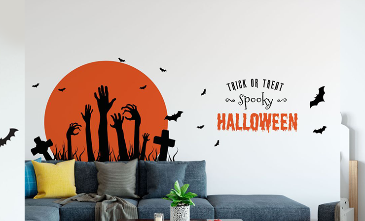 Set of Halloween wall stickers featuring a witch, bats, haunted trees, and a howling wolf, perfect for festive décor.