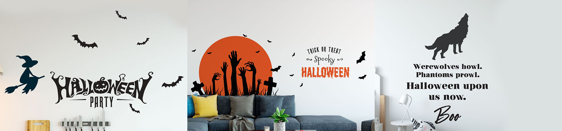 Set of Halloween wall stickers featuring a witch, bats, haunted trees, and a howling wolf, perfect for festive décor.