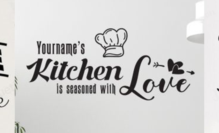 Set of kitchen quote stickers including "Coffee Time," "Kitchen seasoned with love," and "Eat, Drink & Be Happy" for a cozy decor touch.