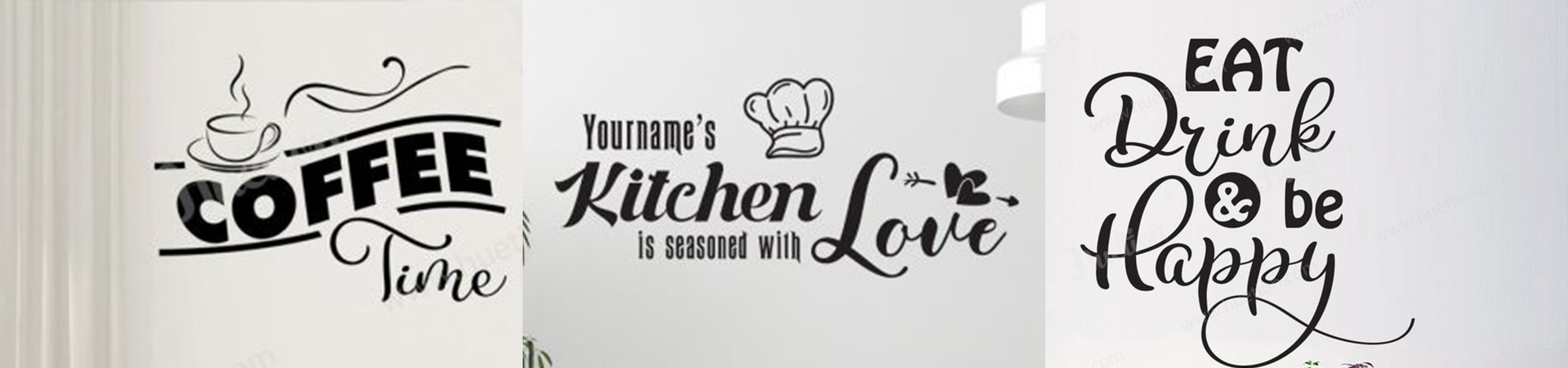 Set of kitchen quote stickers including "Coffee Time," "Kitchen seasoned with love," and "Eat, Drink & Be Happy" for a cozy decor touch.