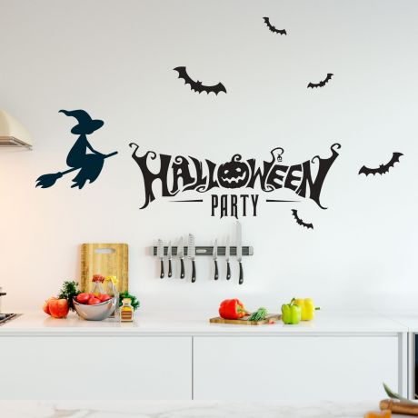 Scary halloween party wall decals with bats and witch | Huetion
