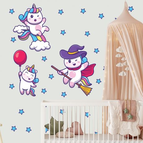 Stars with 3 unicorn wall decals stickers fantasy girls bedroom wall art cute nursery | Huetion