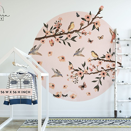 Tropical wall mural birds in pastel pink circle wall decal | Huetion