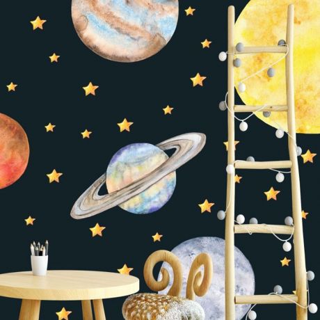 Watercolor solar system wall stickers space wall decals | Huetion