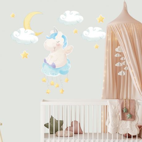 Watercolour unicorn with moon wall sticker wall decal stickers fantasy girls bedroom wall art cute nursery | Huetion
