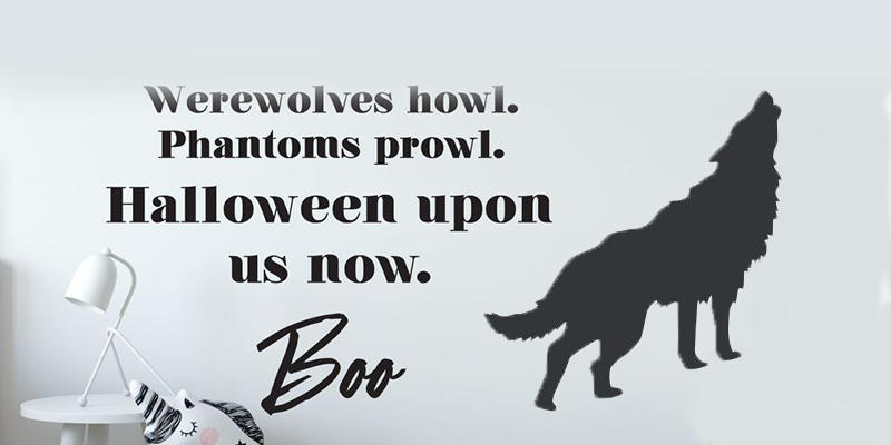 Halloween wall sticker with werewolf silhouette and spooky text, ideal for adding a creepy touch to Halloween decor.