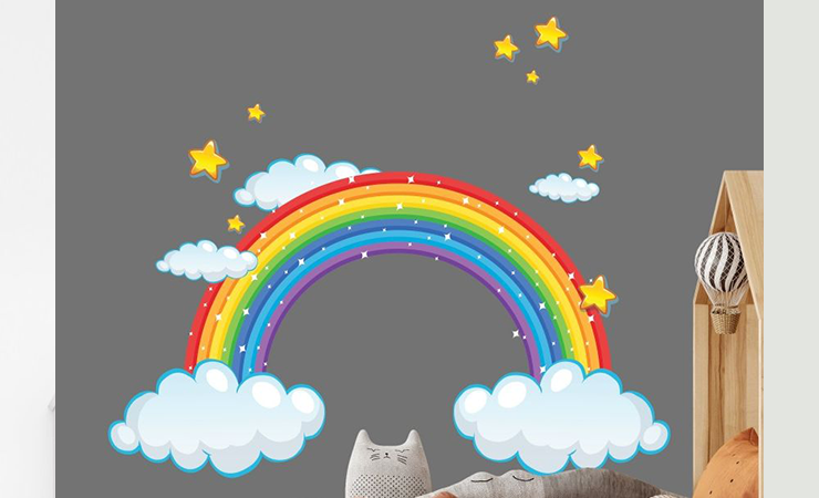 Unicorn wall decals featuring vibrant unicorns with rainbows and floral accents, ideal for kids' room decor.