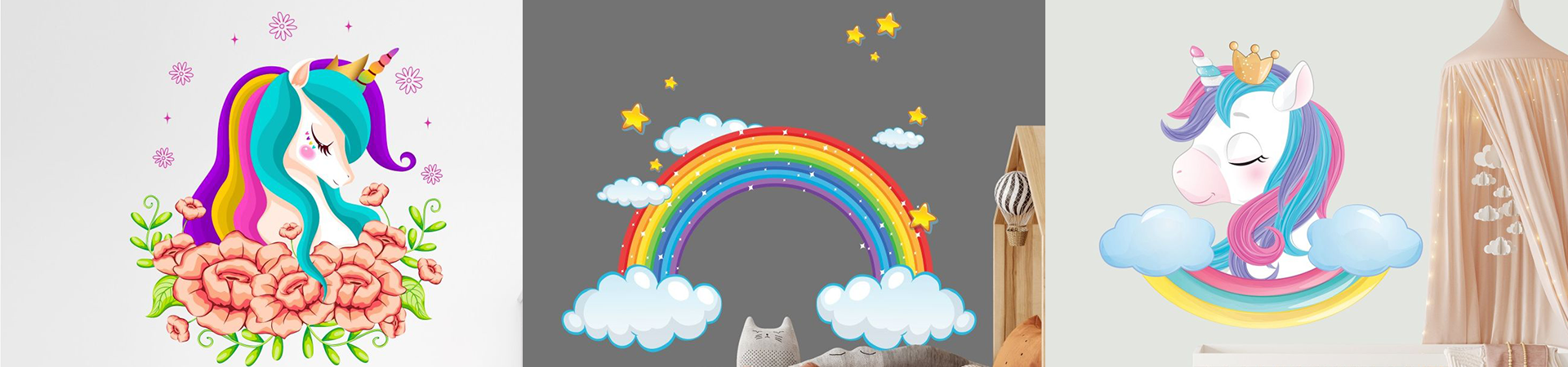 Unicorn wall decals featuring vibrant unicorns with rainbows and floral accents, ideal for kids' room decor.