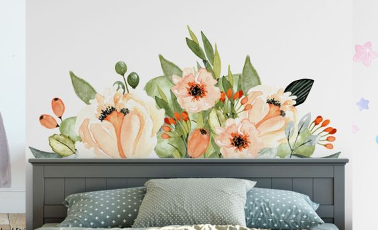 Wall decals for home with pastel rainbow, floral arrangement, and cute unicorn design. Ideal for adding charm to kids' rooms and playful spaces.