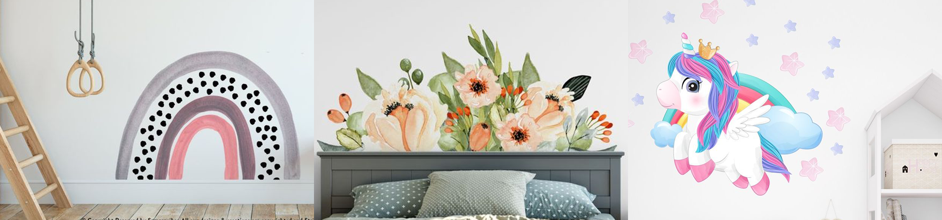 Wall decals for home with pastel rainbow, floral arrangement, and cute unicorn design. Ideal for adding charm to kids' rooms and playful spaces.