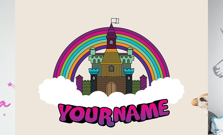Custom wall stickers featuring unicorns and a castle with space for personalized names, ideal for kids' rooms or nurseries.