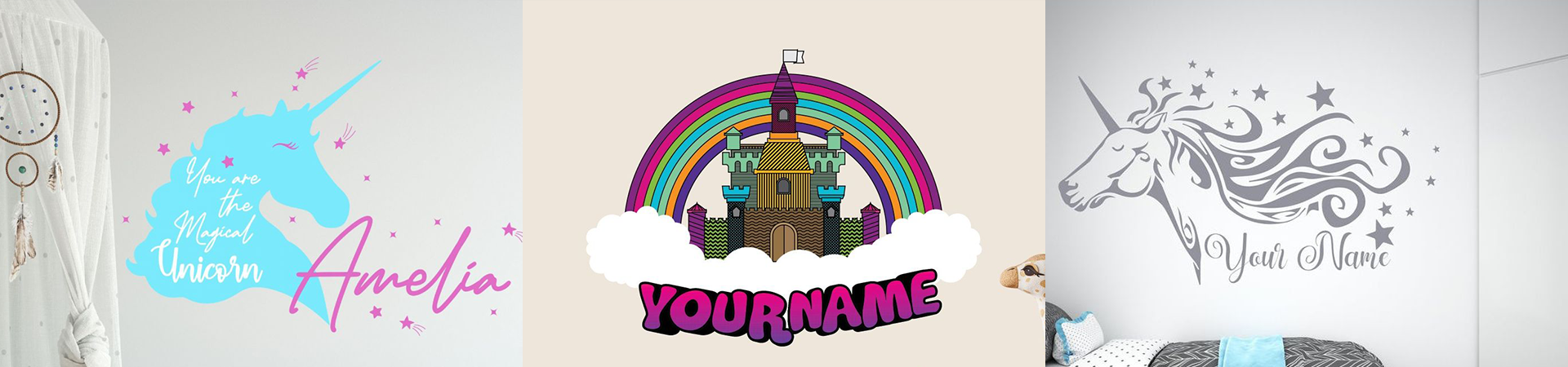 Custom wall stickers featuring unicorns and a castle with space for personalized names, ideal for kids' rooms or nurseries.