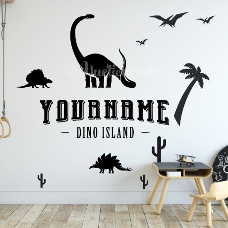 Personalized name dino island dinosaur wall stickers for nursery and kids room | Huetion