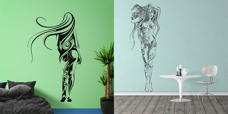 Black silhouette wall decals of artistic female figures on green and blue walls, adding sophisticated décor to any space.