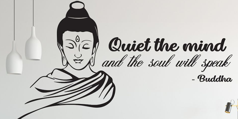 Buddha wall decal with the quote "Quiet the mind and the soul will speak," ideal for creating a serene personal vicinity.