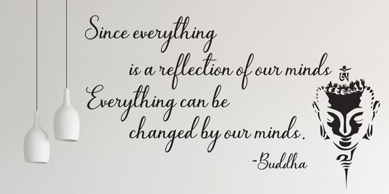 Wall décor featuring Buddha face art and inspirational quote in elegant script, ideal for creating a serene atmosphere.