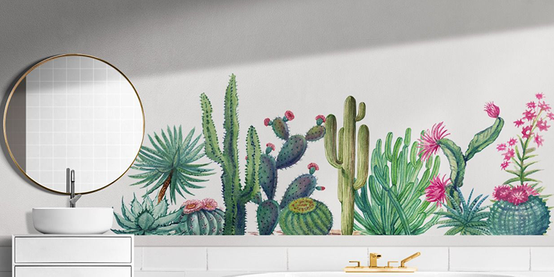 Vibrant cactus wall decal with varied succulents in bloom, adding a natural touch to a personal vicinity or bathroom.