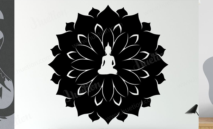 Trio of wall décors featuring dragon art, Buddha meditation mandala, and abstract leaf design, ideal for diverse interior aesthetics.