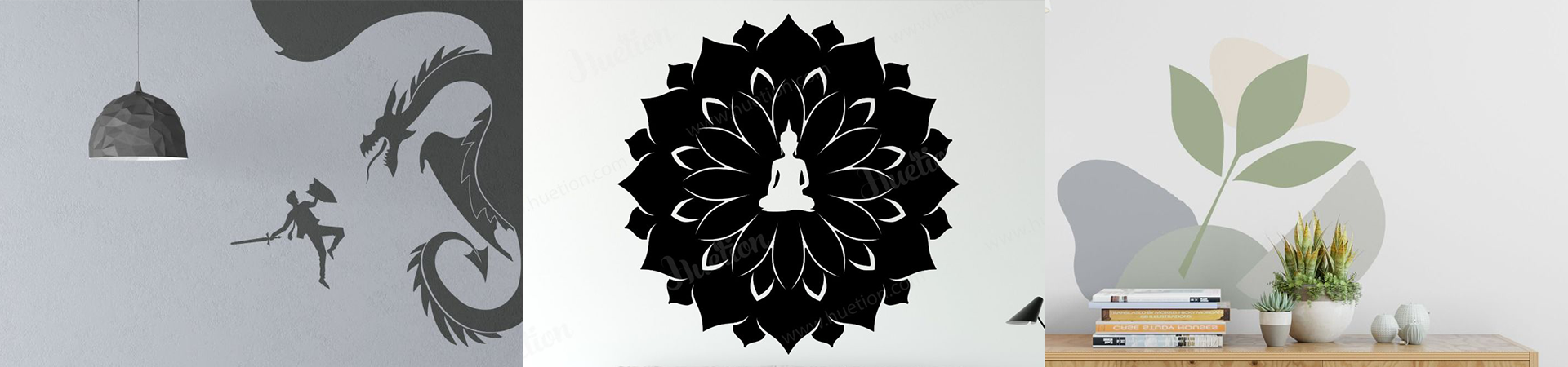 Trio of wall décors featuring dragon art, Buddha meditation mandala, and abstract leaf design, ideal for diverse interior aesthetics.