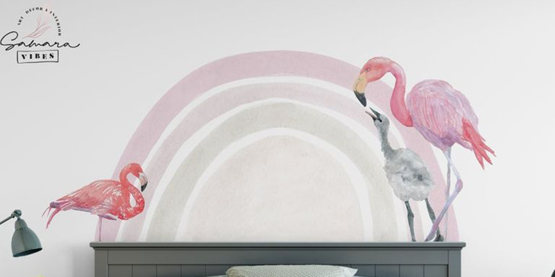 Best wall decal featuring two flamingos and a soft rainbow, adding a tropical and calming vibe to bedroom decor.