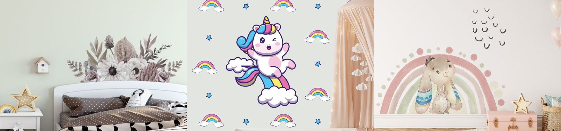 Three playful wall sticker designs, including floral, unicorn with rainbows, and rainbow bear theme, made to prevent wall damage in kids' rooms.