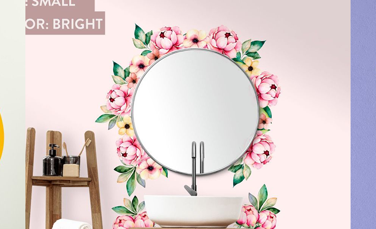 Trio of wall decals featuring abstract shapes, floral mirror frame, and a deer silhouette, ideal for enhancing personal vicinity spaces.