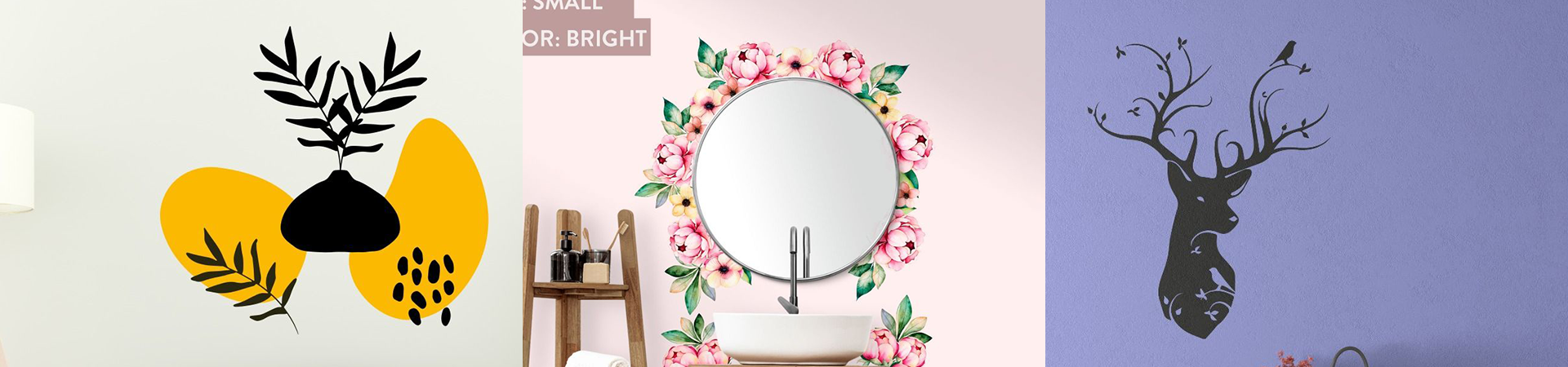 Trio of wall decals featuring abstract shapes, floral mirror frame, and a deer silhouette, ideal for enhancing personal vicinity spaces.