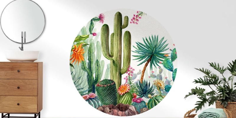Circular removable wall sticker with colorful cactus and succulent design, perfect for adding a desert vibe to any room.