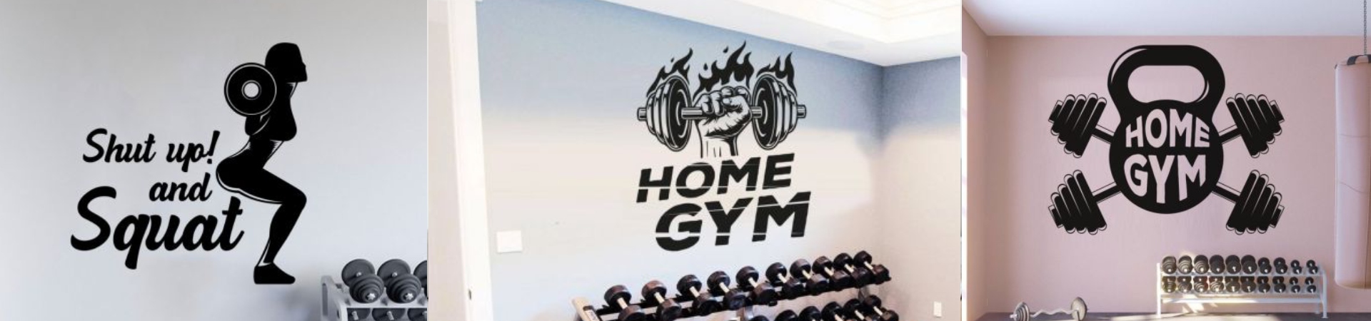 Removable wall stickers with gym-themed motivational quotes and weightlifting icons, perfect for enhancing a home gym setup.