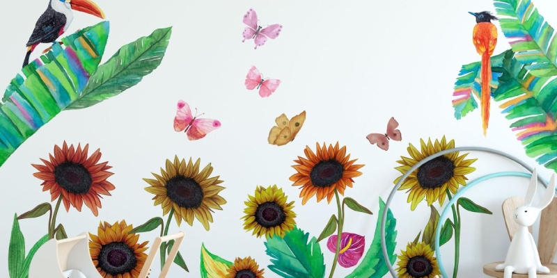 Watercolour Sun Flowers, Birds Wall Stickers, Bedroom Wall Decals, Yellow Sunflower Wall Decals, Watercolour Flowers Gir.