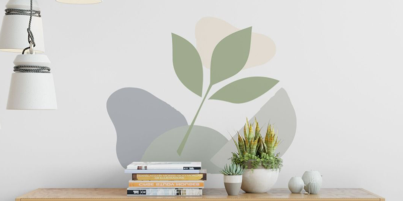 Modern wall art featuring a minimalist leaf design in muted green, beige, and gray tones, perfect for contemporary decor.