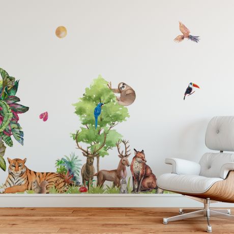 Big wall sticker set for kids tiger deer birds | Huetion