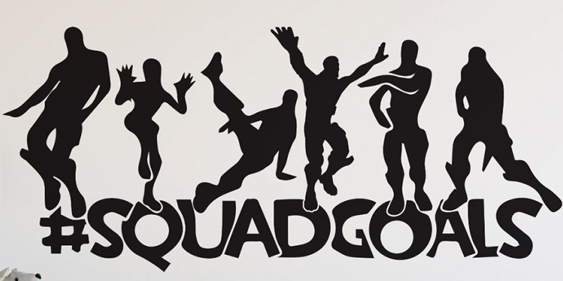 Fortnite wall stickers displaying six character silhouettes in action poses above bold "#SquadGoals" text in black.
