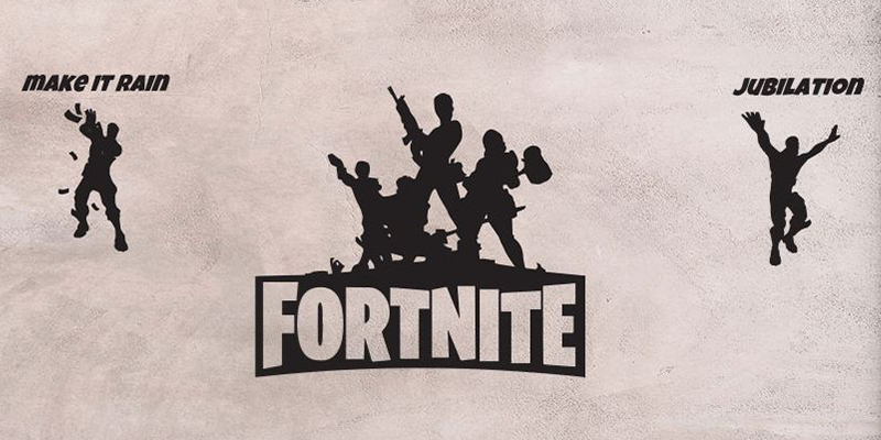 Fortnite wall decal set from Huetion featuring character silhouettes and emotes "Make It Rain" and "Jubilation."