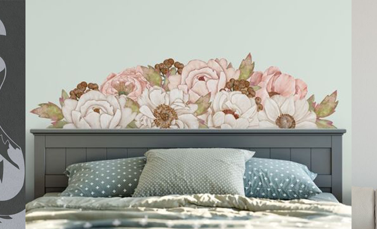 Set of wall decals featuring a dragon, floral headboard design, and geometric arrow, perfect to decorate a small house creatively.