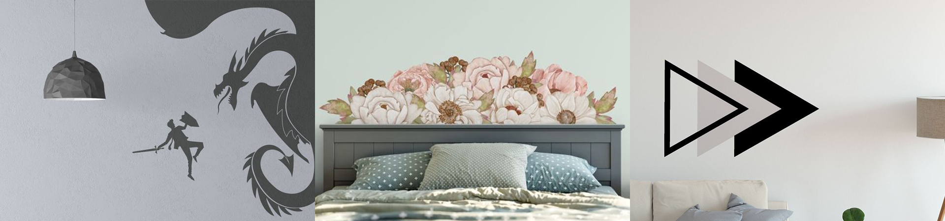 Set of wall decals featuring a dragon, floral headboard design, and geometric arrow, perfect to decorate a small house creatively.
