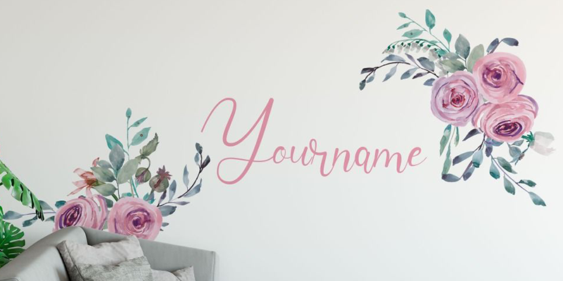 Beautiful wall decal with pink roses, green leaves, and personalized name design in elegant script. Perfect for home decor.