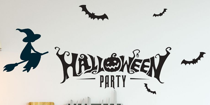 Halloween party wall decal featuring a witch on a broomstick, bats, and festive lettering, perfect for spooky decor.