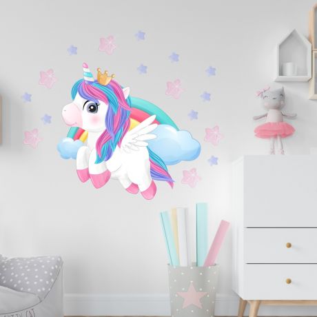 Stars unicorn flying wall decal stickers fantasy girls bedroom wall art cute nursery | Huetion