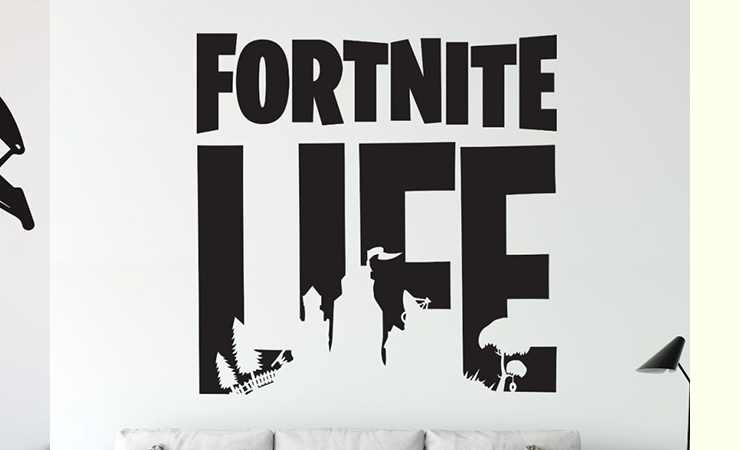 Wall decals from Huetion with "Battle Royale," "Fortnite Life," and "Gaming Zone" designs in black, perfect for gaming-themed decor.