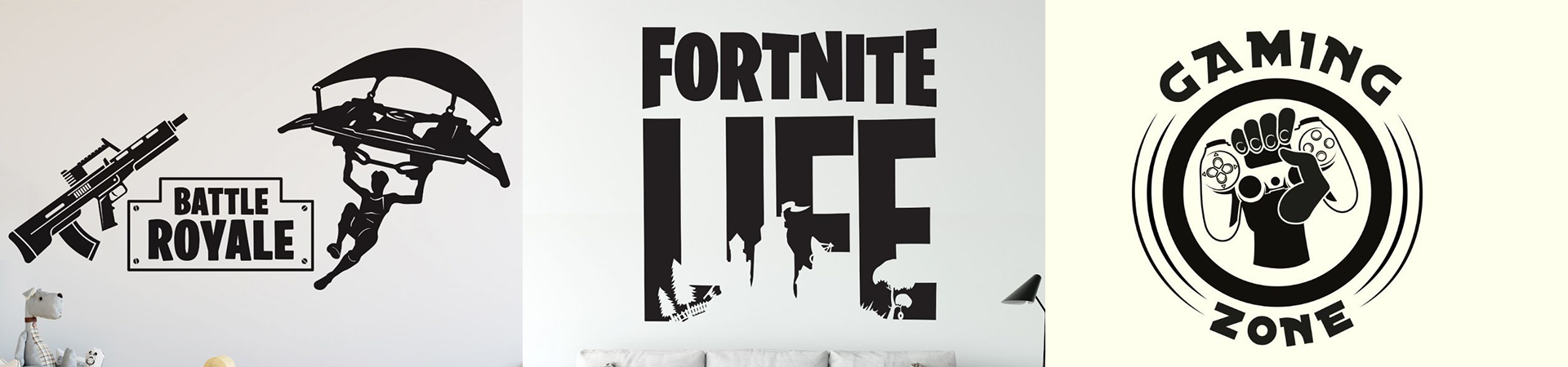 Wall decals from Huetion with "Battle Royale," "Fortnite Life," and "Gaming Zone" designs in black, perfect for gaming-themed decor.