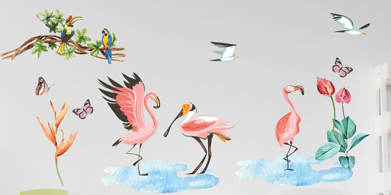 Birds wall stickers featuring pink flamingos, parrots, and tropical plants in a playful, nature-themed scene for kids' rooms.